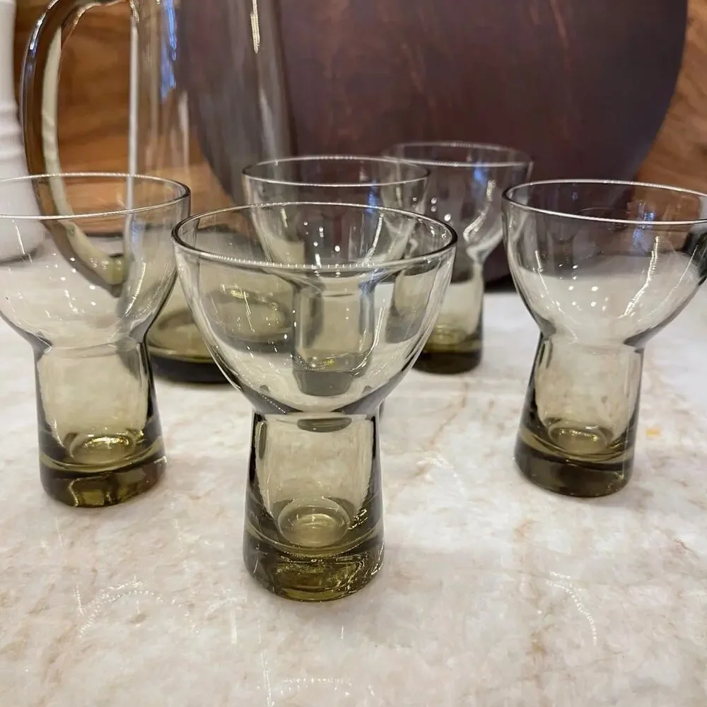 Vtg retro MCM Danish cocktail pitcher +5 martini glasses in a smoky glass